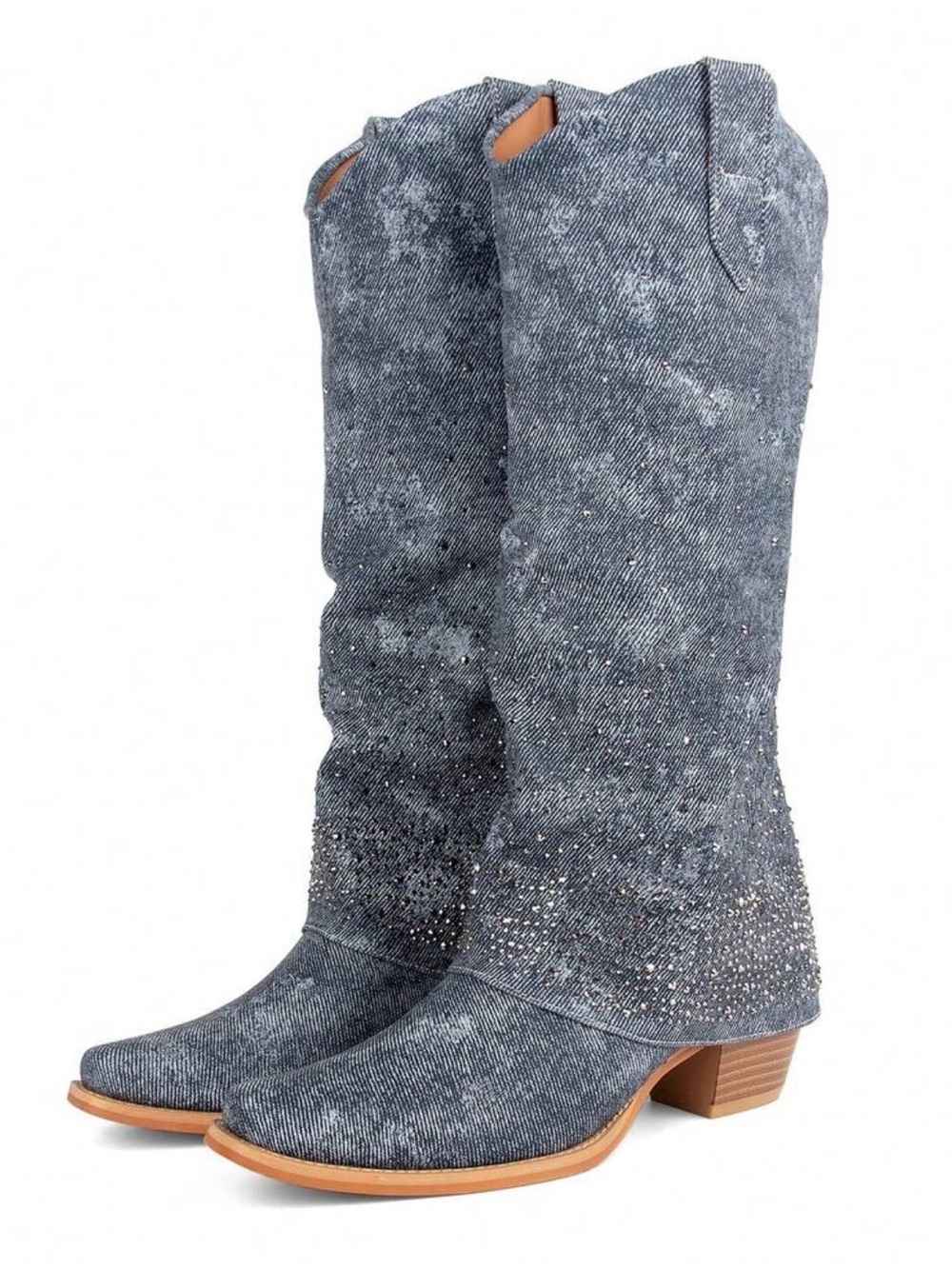 Rhinestone Studded diamond Denim Knee High Western Cowboy Boot size 9.5
